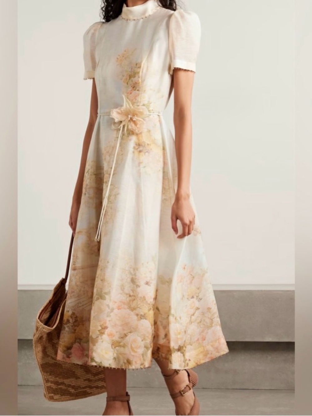 Zimmermann Cream Floral Midi Dress with Pale Pink Accents